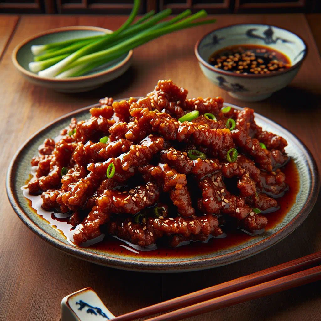 Crispy Calgary ginger beef strips with peppers and spring onions