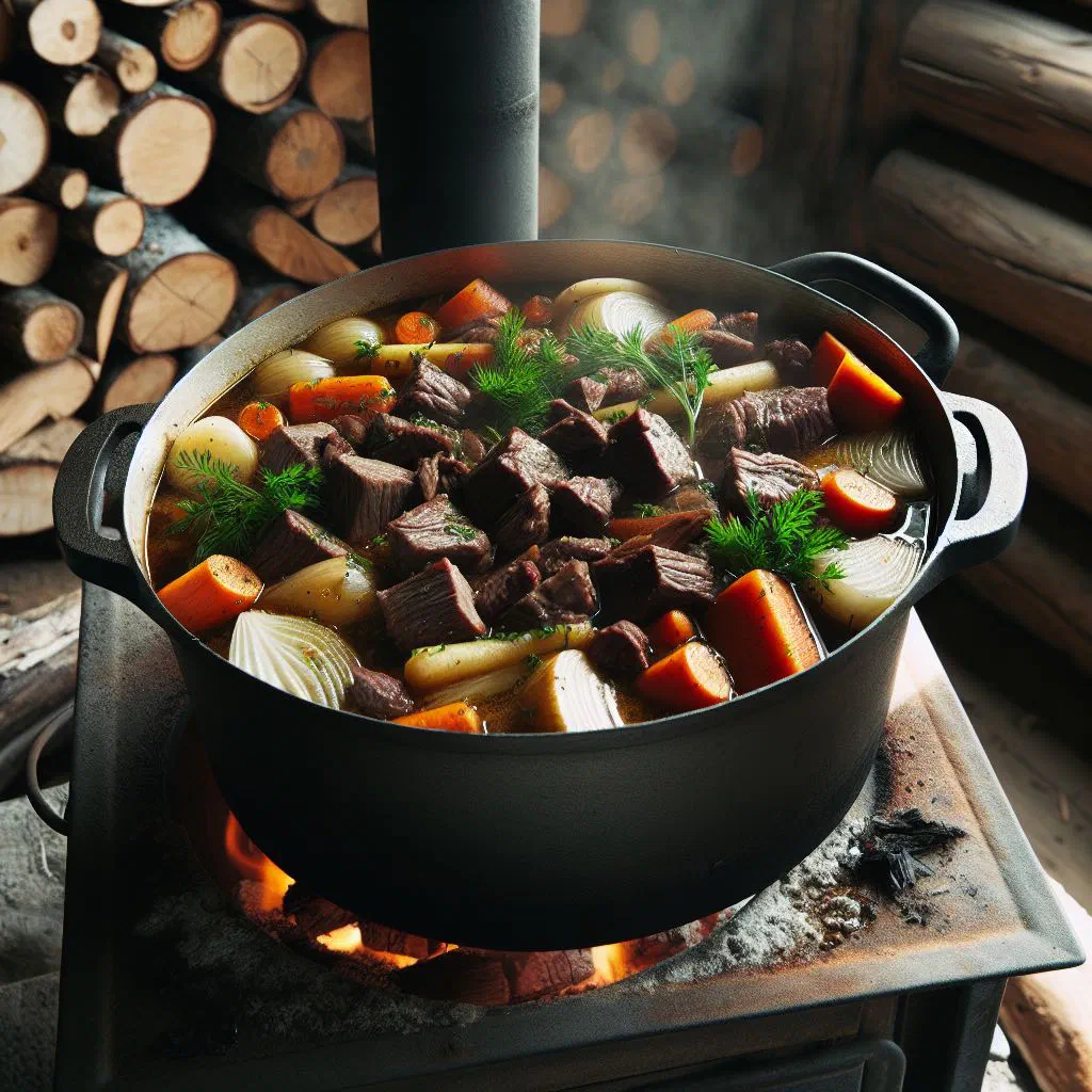 Rustic bowl of caribou stew with carrots, potatoes and fresh herbs