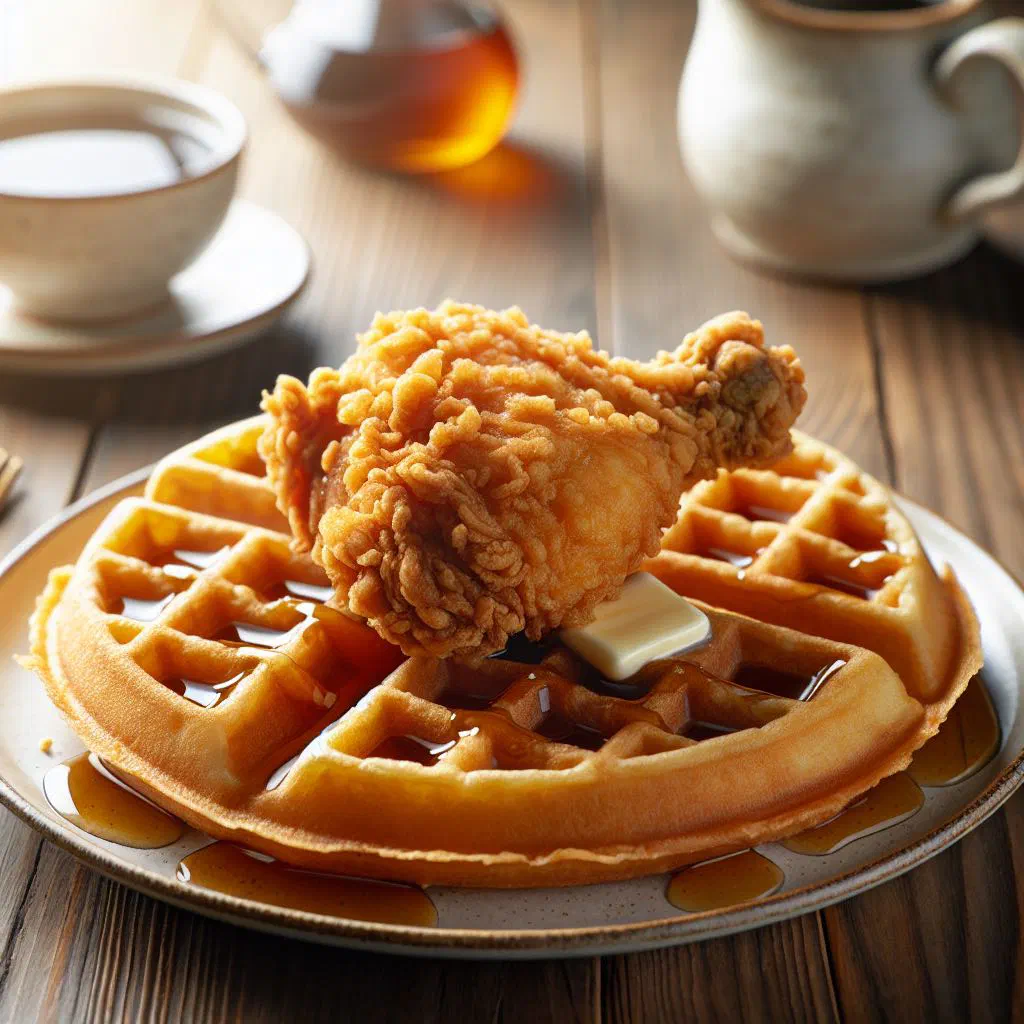 Crispy fried chicken on golden waffles drizzled with maple syrup