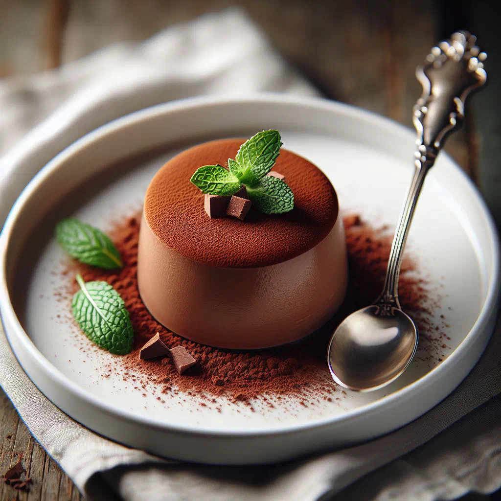 Chocolate mousse served in a small glass with berries and mint