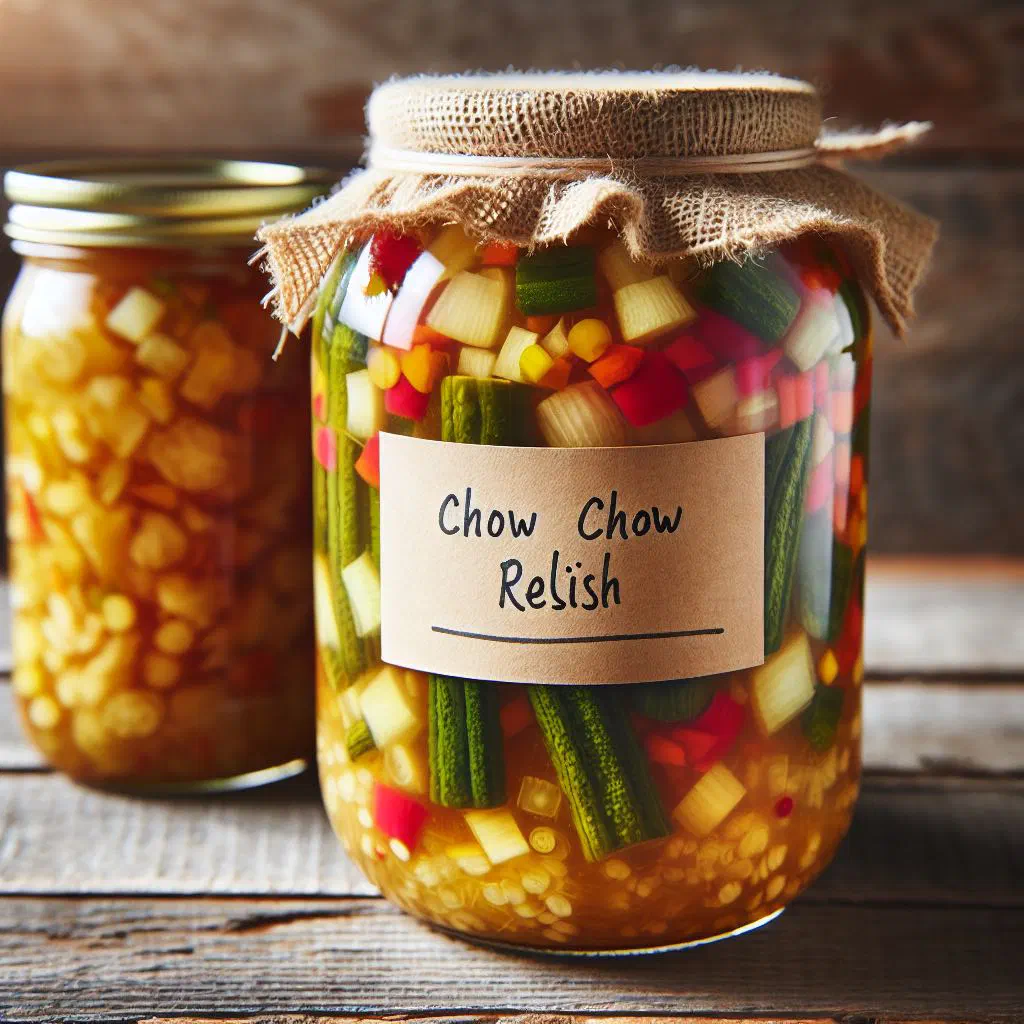 Jars of colourful chow chow relish with diced cucumber, peppers and onion