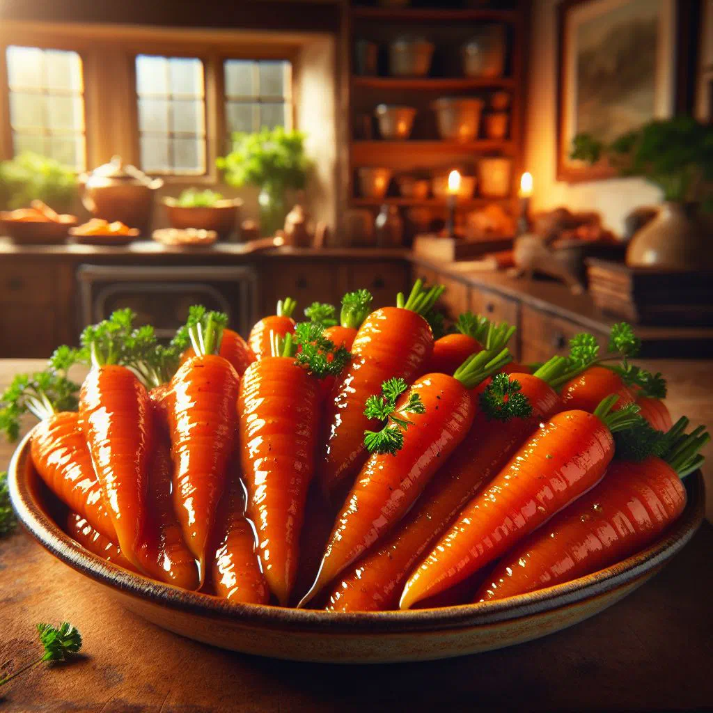 Glossy cider-glazed carrot batons garnished with fresh thyme