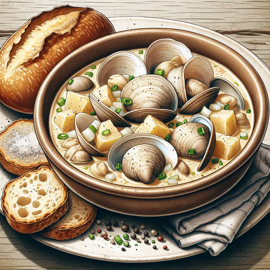 Creamy clam chowder in a bowl with clams, potatoes and fresh parsley