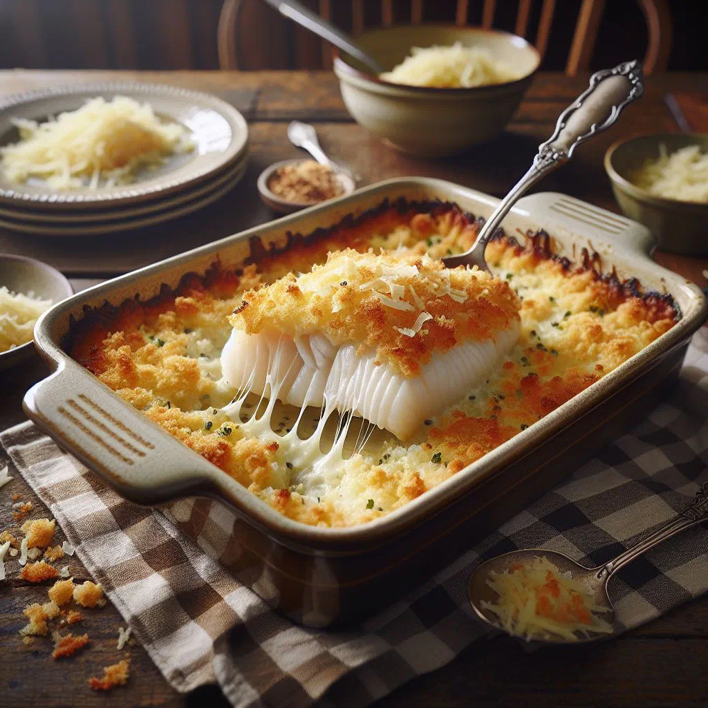 Baked cod au gratin with a golden cheese and breadcrumb crust