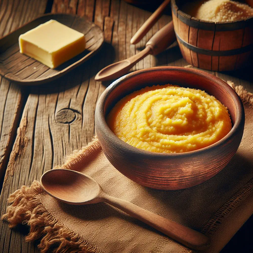Creamy cornmeal mush in a bowl topped with butter and maple syrup