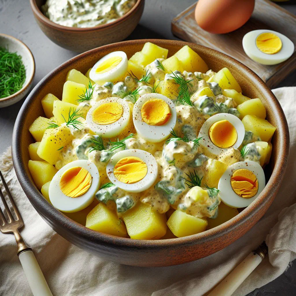 Creamy Canadian potato salad in a white bowl garnished with fresh chives