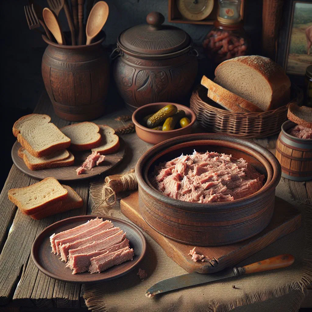 Bowl of cretons pork spread served with slices of rustic bread