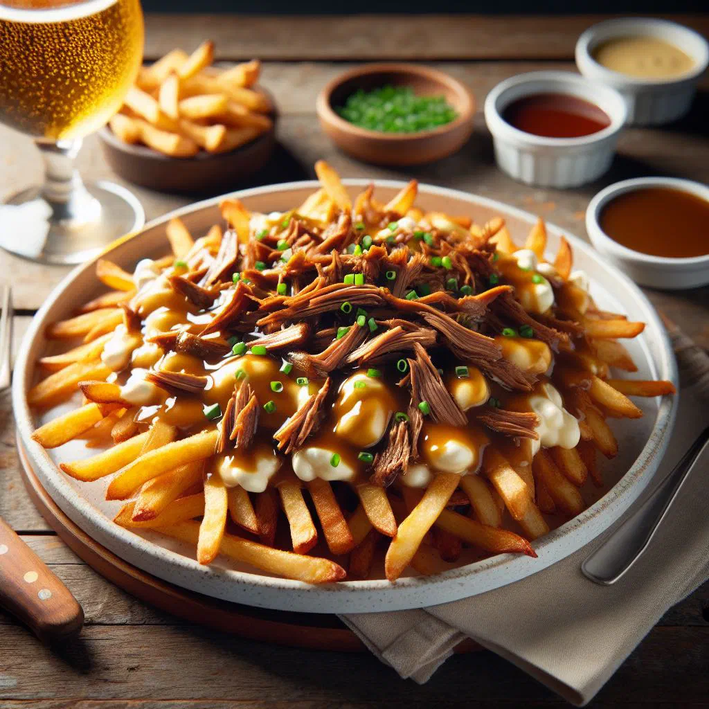 Duck confit poutine with crisp chips, cheese curds and rich gravy