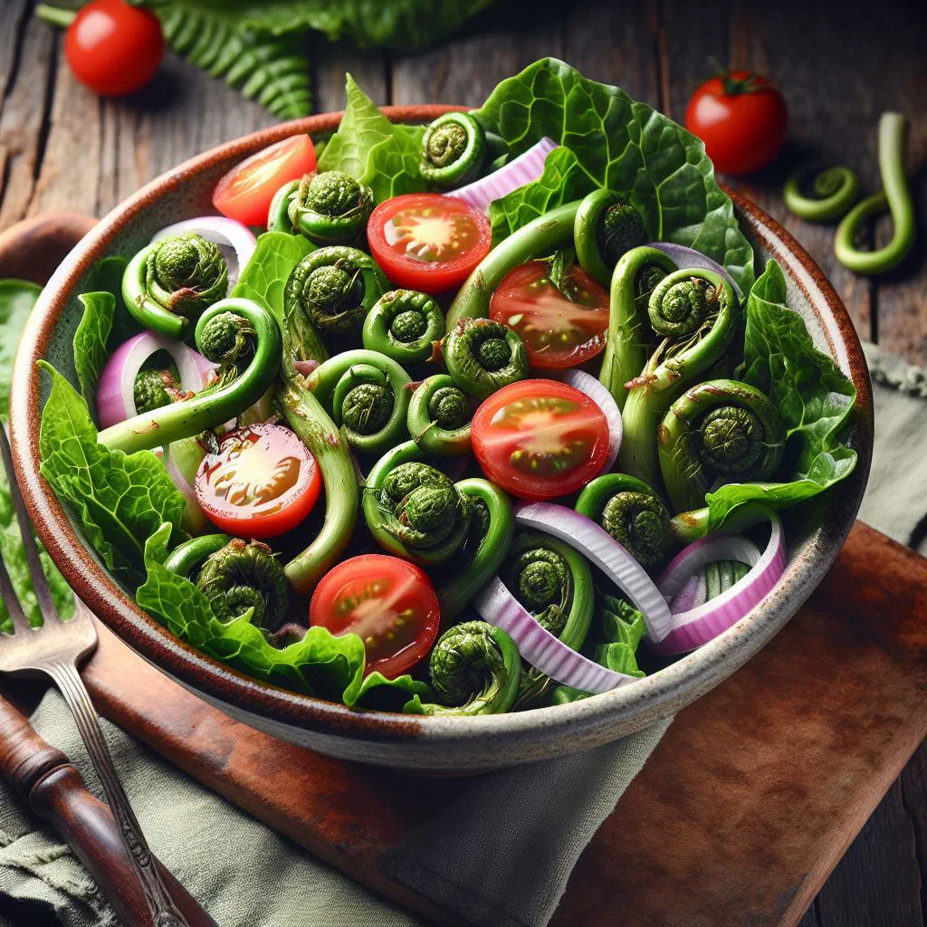 Fiddlehead salad with baby spinach, red onion and crumbled feta