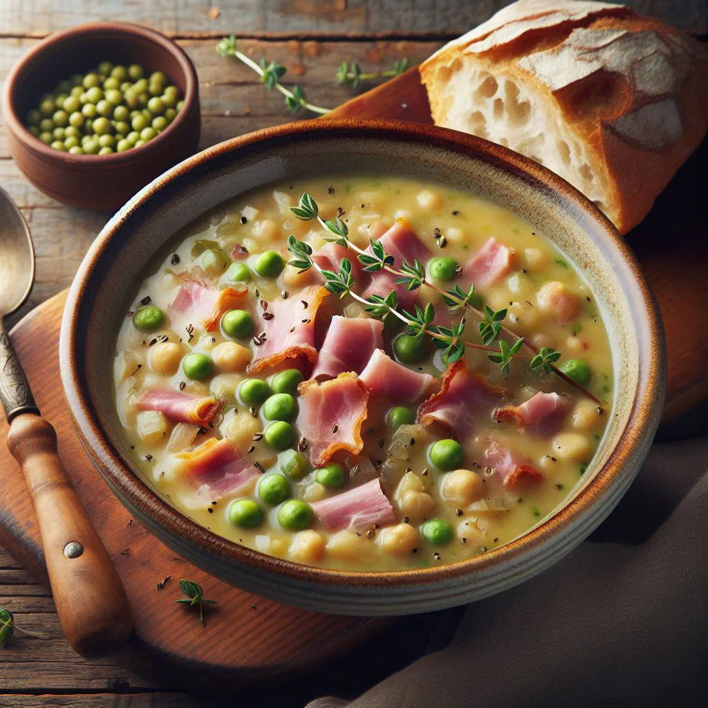 Bowl of creamy French Canadian pea soup with herbs and crusty bread