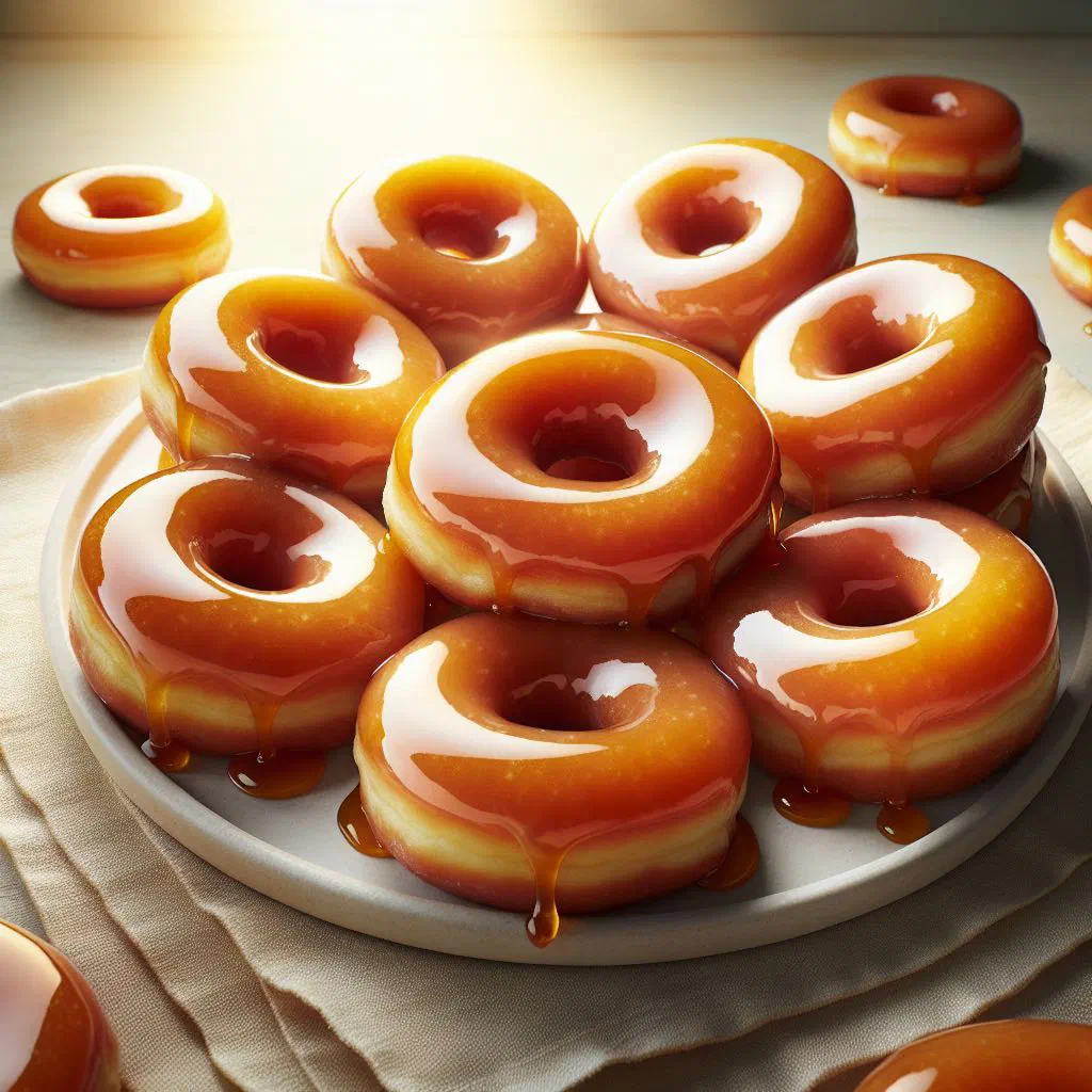 Golden glazed maple doughnuts stacked on a plate with maple syrup drizzle