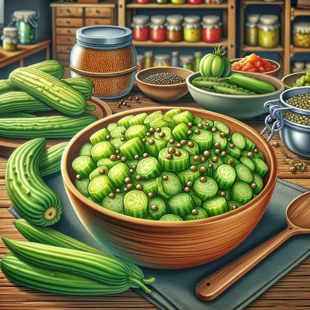 Jar of green tomato chow chow relish with fresh vegetables on a wooden board