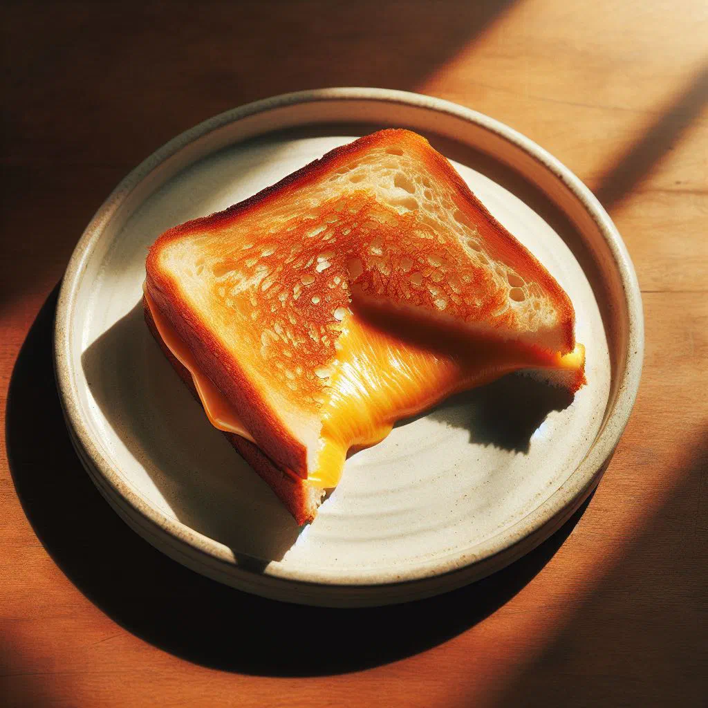 Golden grilled cheese sandwich cut in half with melted cheese stretching