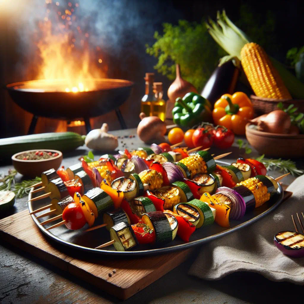 Colourful grilled vegetable skewers with peppers, courgette and mushrooms