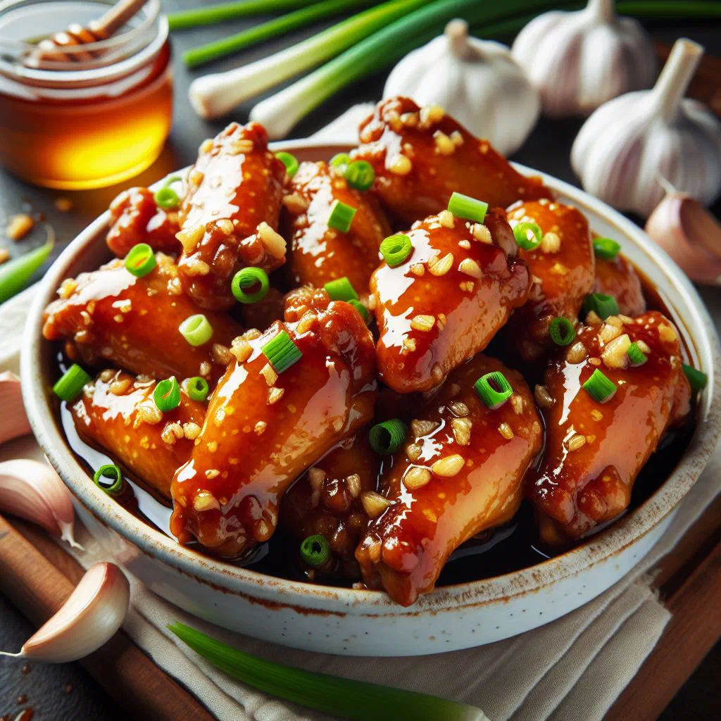 Sticky honey garlic chicken wings sprinkled with sesame seeds and spring onions