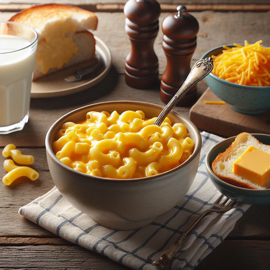 Creamy macaroni cheese served in a bowl with a golden cheddar sauce