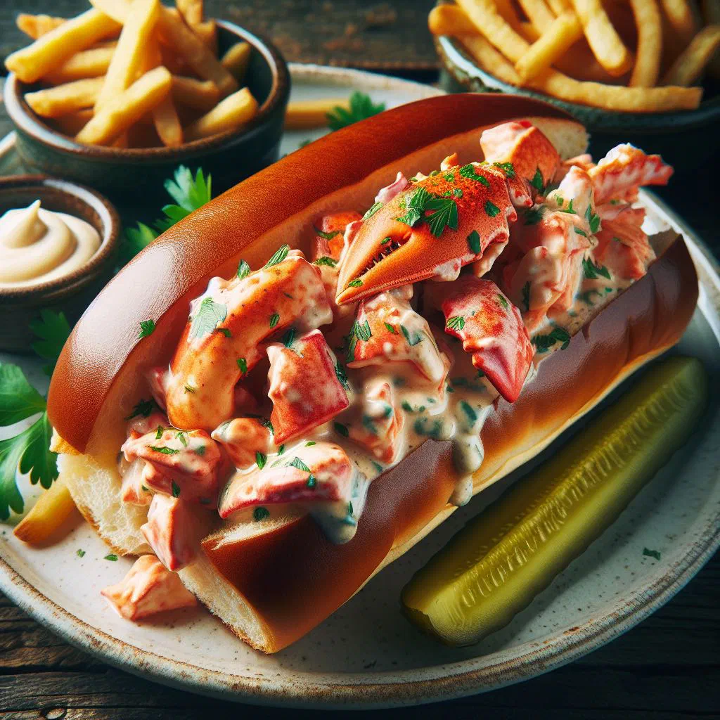 Lobster roll filled with chunks of lobster meat in a buttered toasted bun