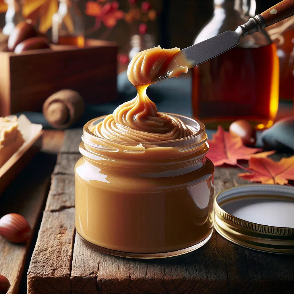 A jar of creamy maple butter served with fresh bread and berries