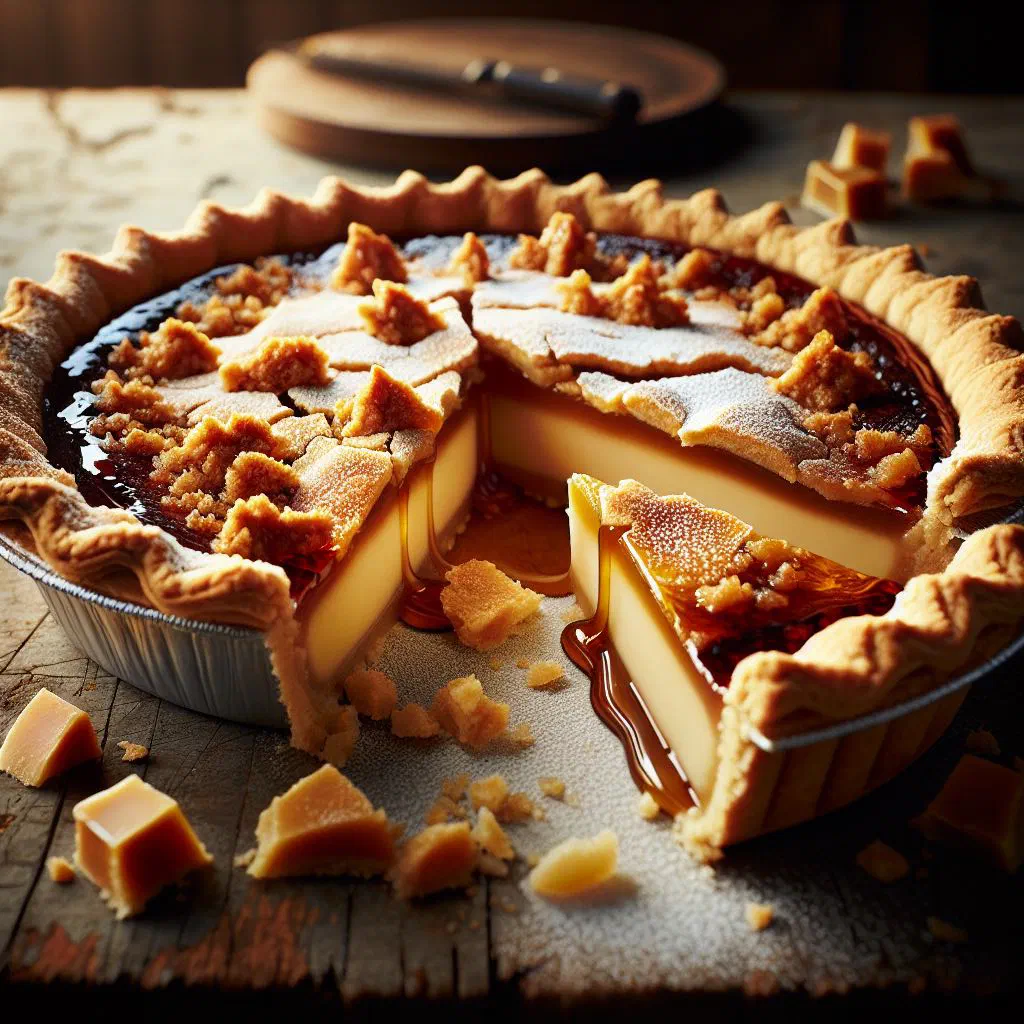Golden maple butter tart pie with a glossy filling in a crisp pastry case