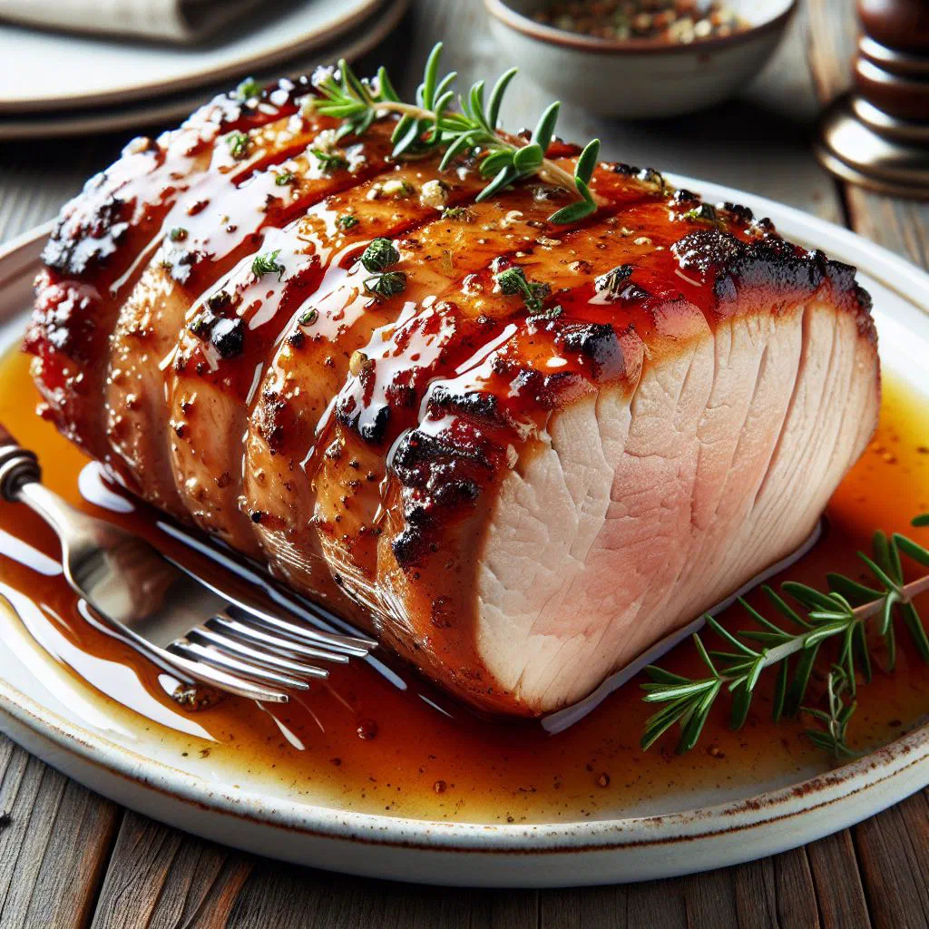 Sliced maple-glazed pork loin with a glossy syrup crust and fresh herbs