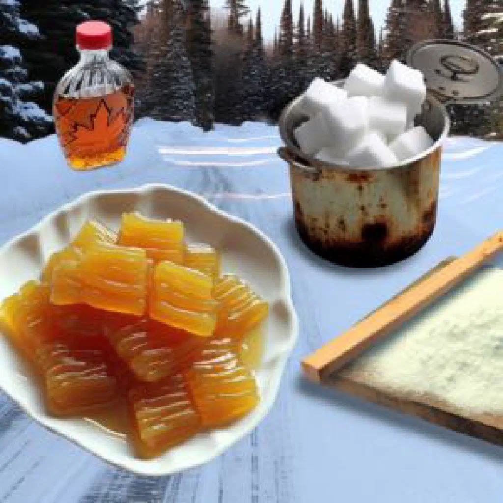 Ribbons of hot maple syrup poured over fresh snow and rolled onto wooden sticks