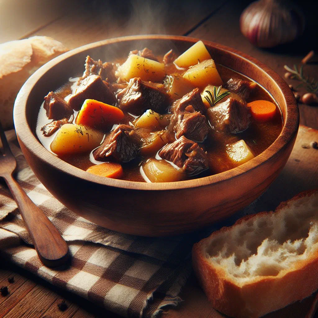 Rustic bowl of moose stew with potatoes, carrots and fresh herbs