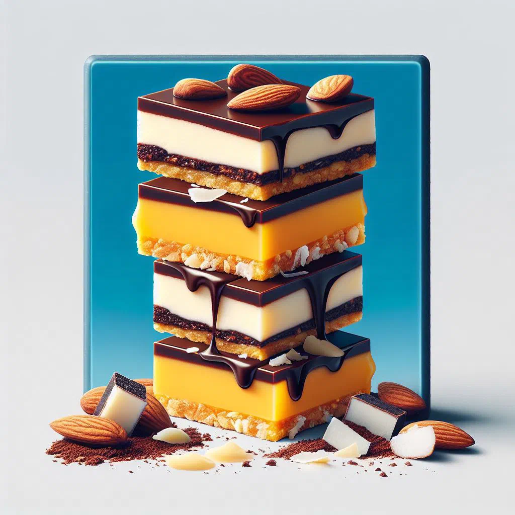 Three-layered Nanaimo bars cut into squares with a glossy chocolate top