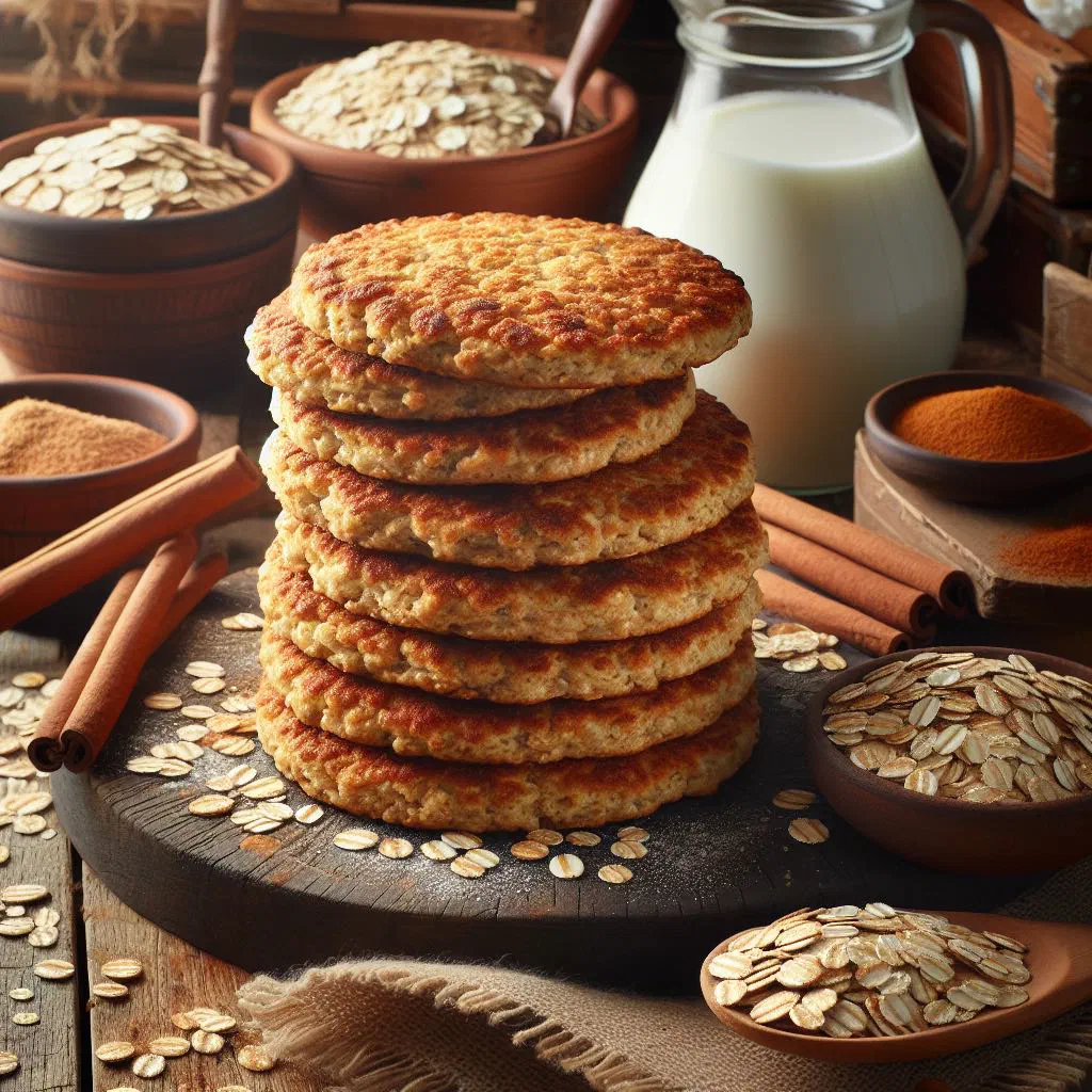 Golden-brown Canadian oat cakes stacked on a wooden board