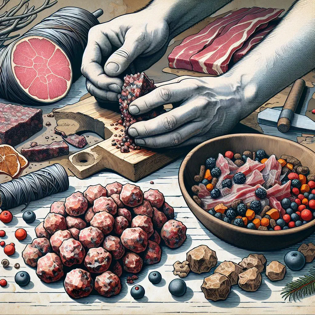 Slices of pemmican with dried berries on a rustic wooden board