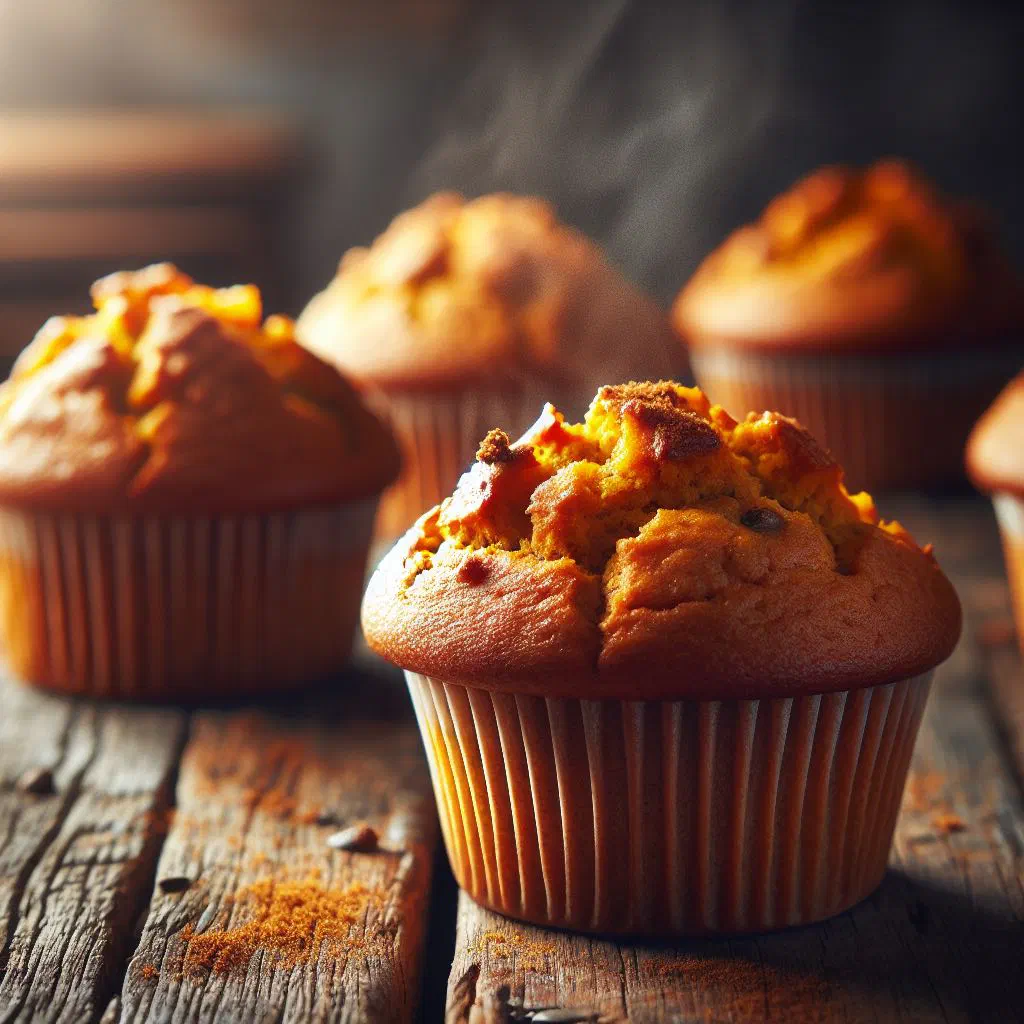 Freshly baked pumpkin spice muffins dusted with cinnamon on a wooden board