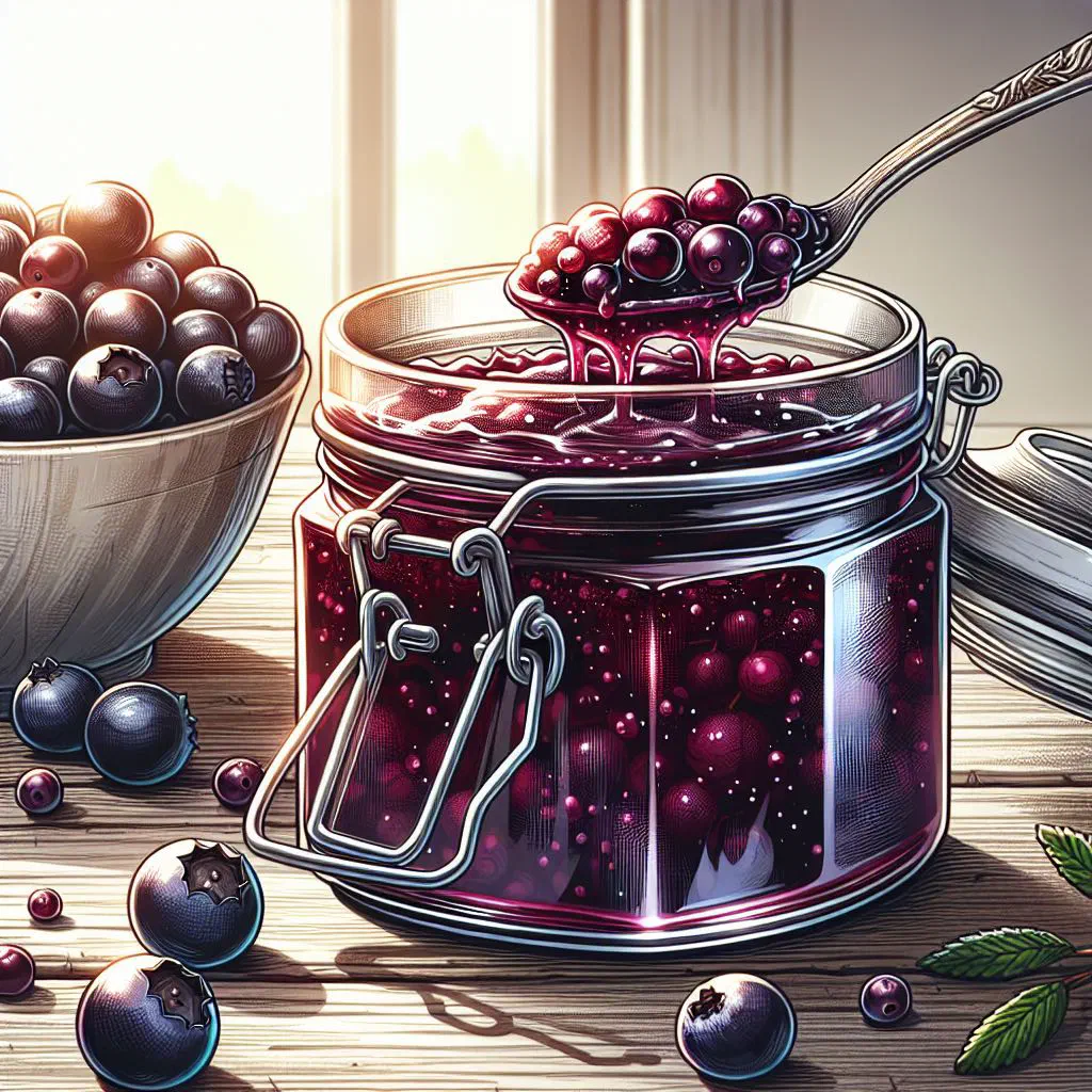 Jars of deep purple saskatoon berry jam with fresh berries beside them