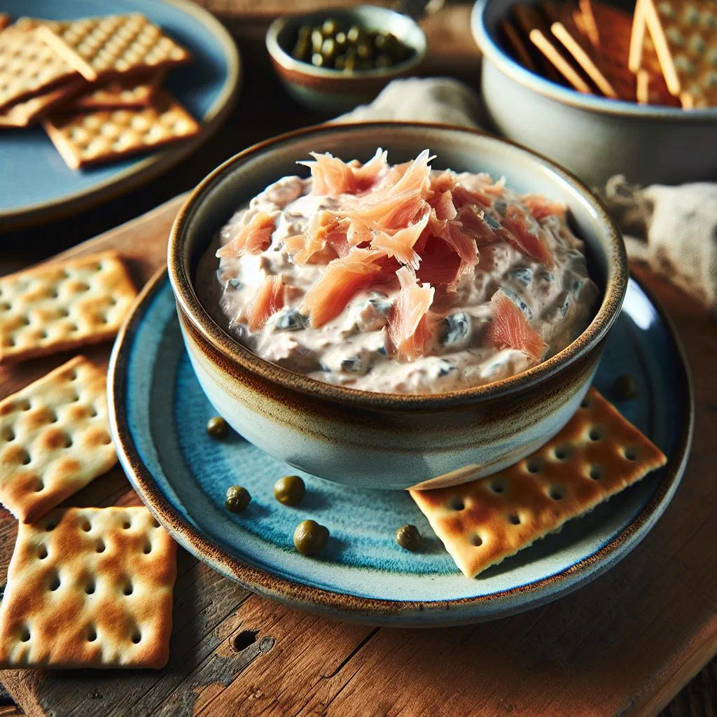 Creamy smoked trout dip in a bowl garnished with fresh dill and lemon