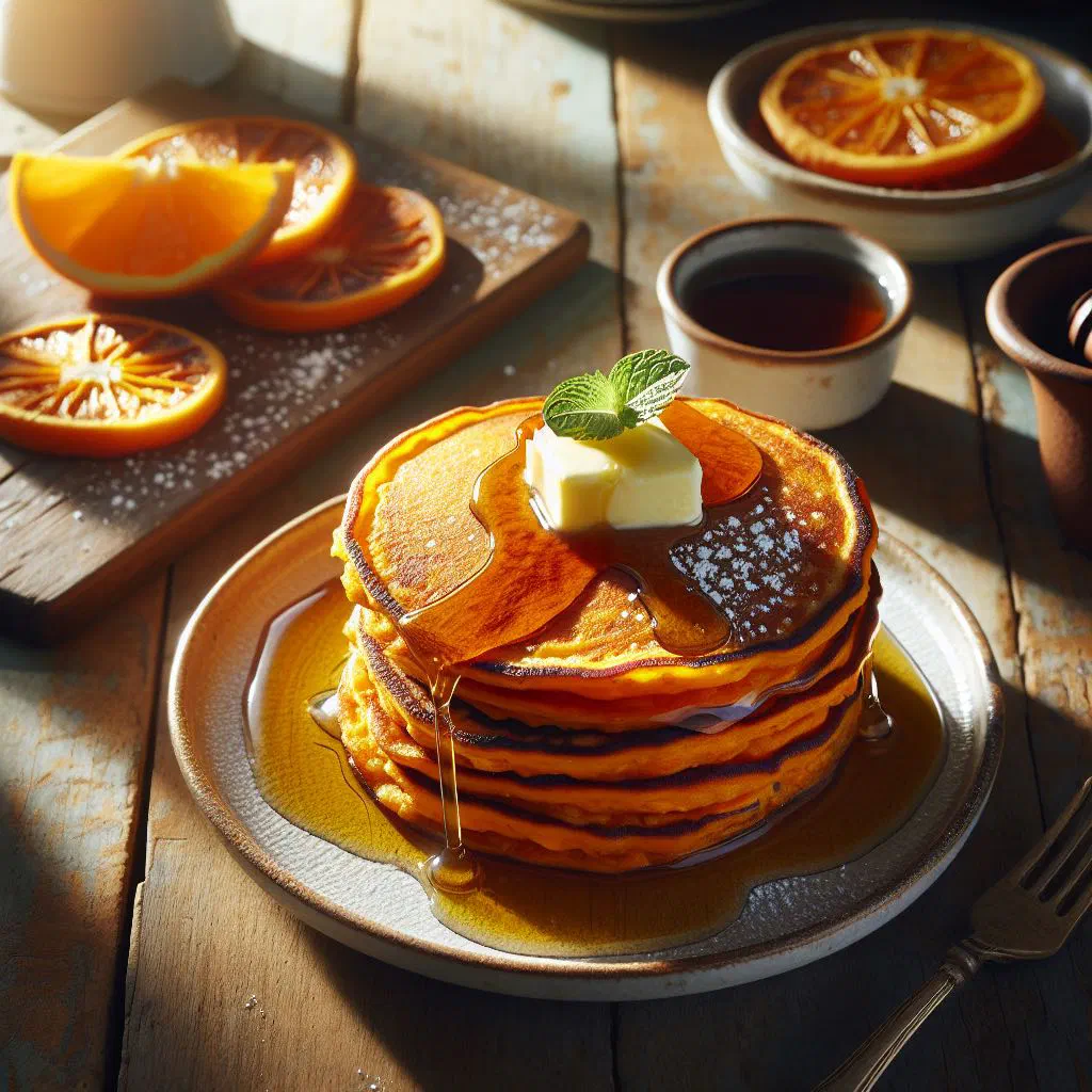 Stack of golden sweet potato pancakes with maple syrup and fresh berries