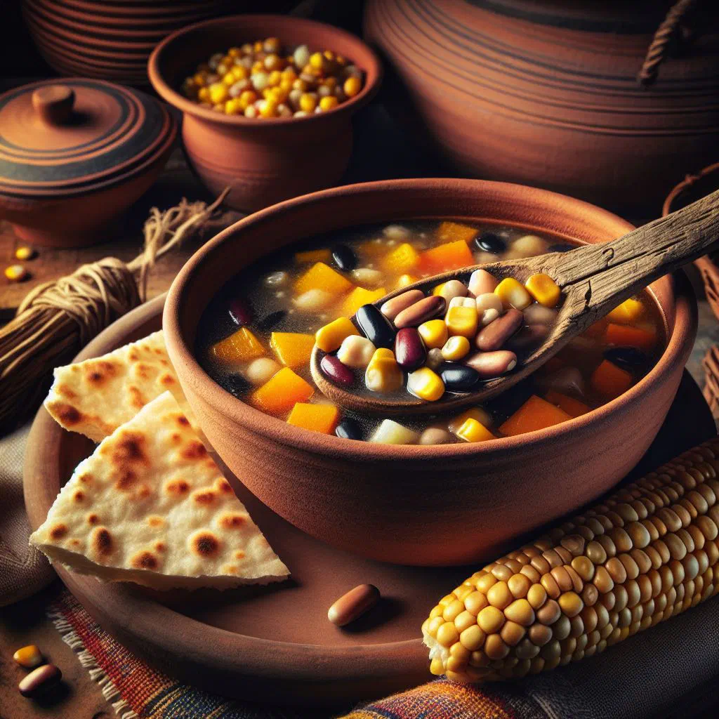 Bowl of three sisters soup with sweetcorn, beans and squash, garnished with fresh herbs