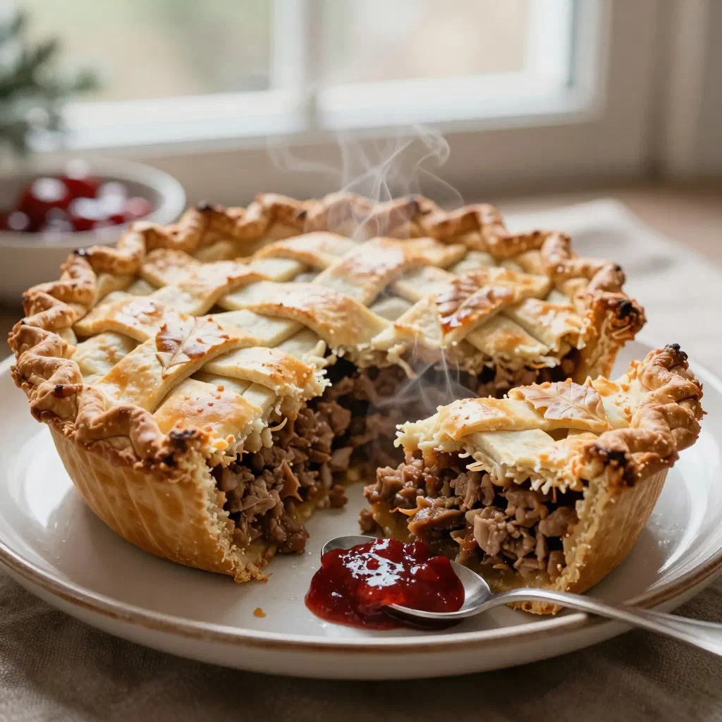 Golden-baked tourtière meat pie with a slice cut from the crust