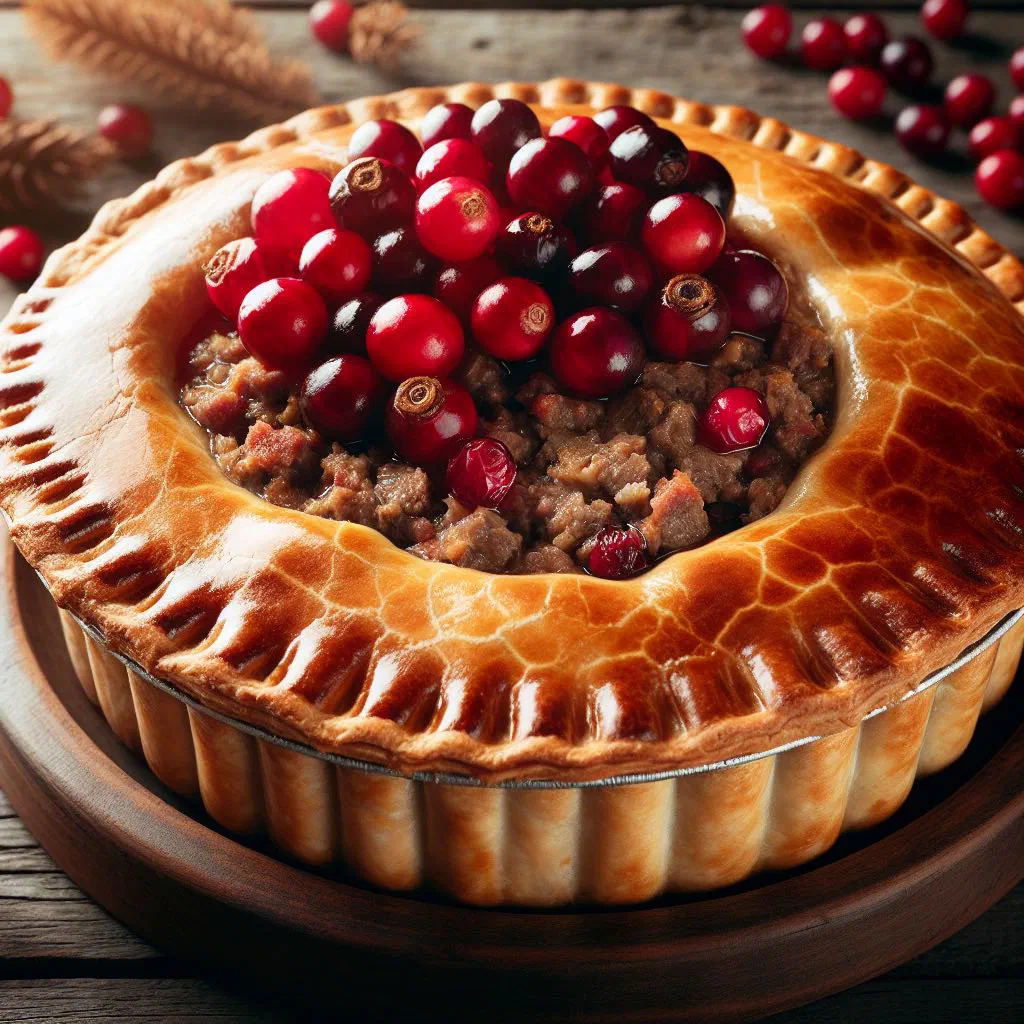 Golden baked tourtière meat pie with cranberries, sliced open on a wooden board