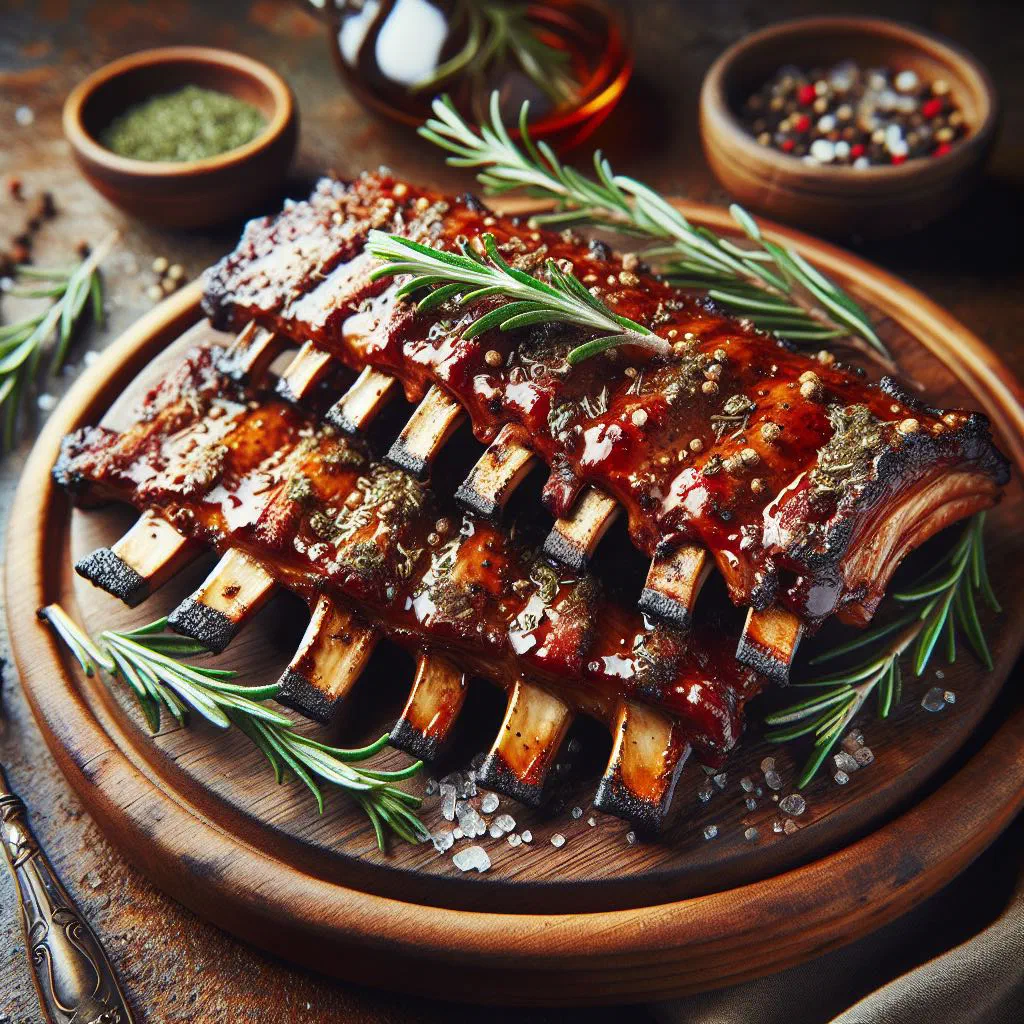 Glazed wild boar ribs on a rustic wooden board with fresh herbs