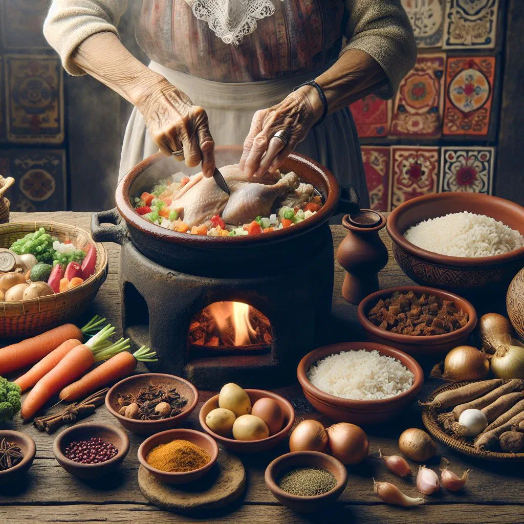 Cape Verdean arroz de galinha with chicken, rice and vegetables garnished with fresh herbs