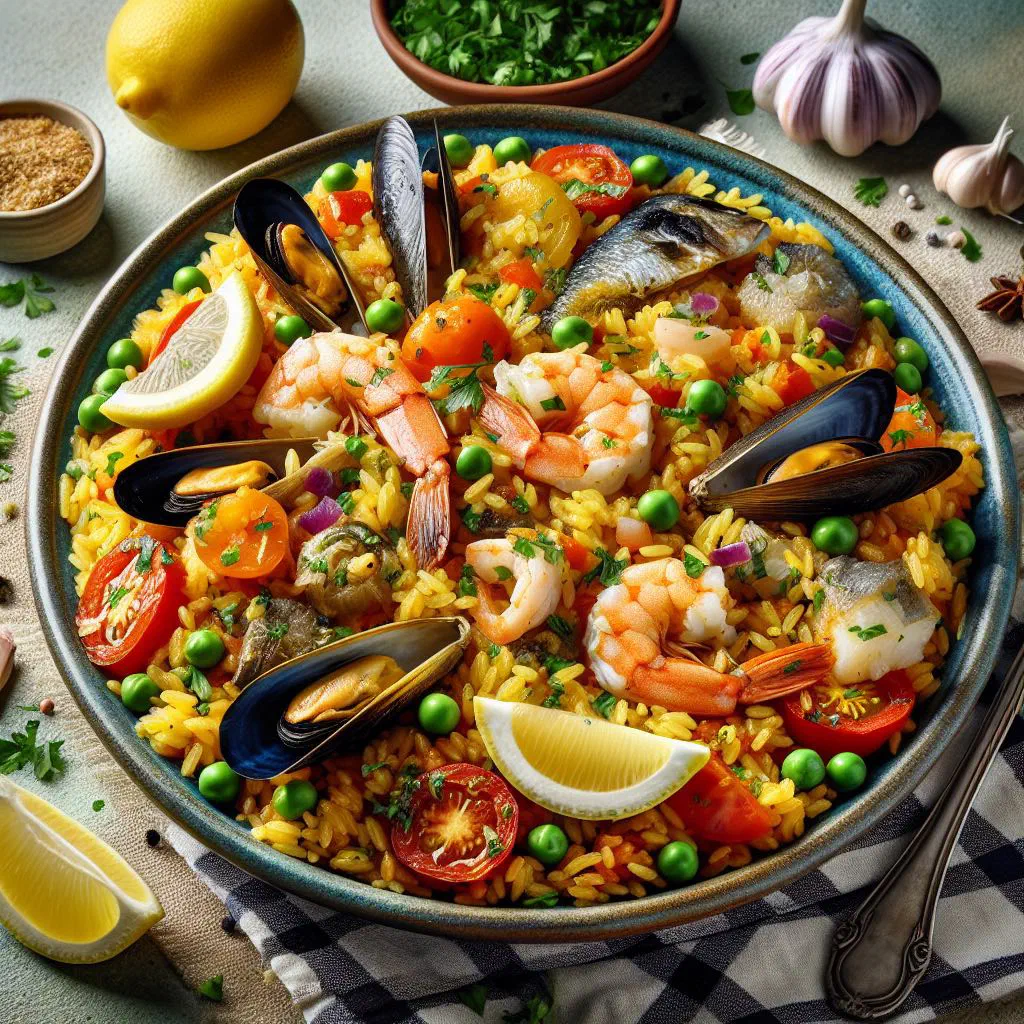 Cape Verdean arroz de peixe with flaked fish and seasoned rice garnished with fresh herbs
