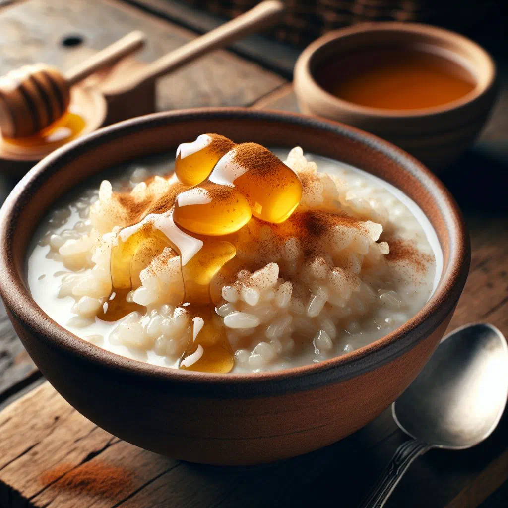 Creamy Cape Verdean arroz doce rice pudding dusted with cinnamon in a bowl