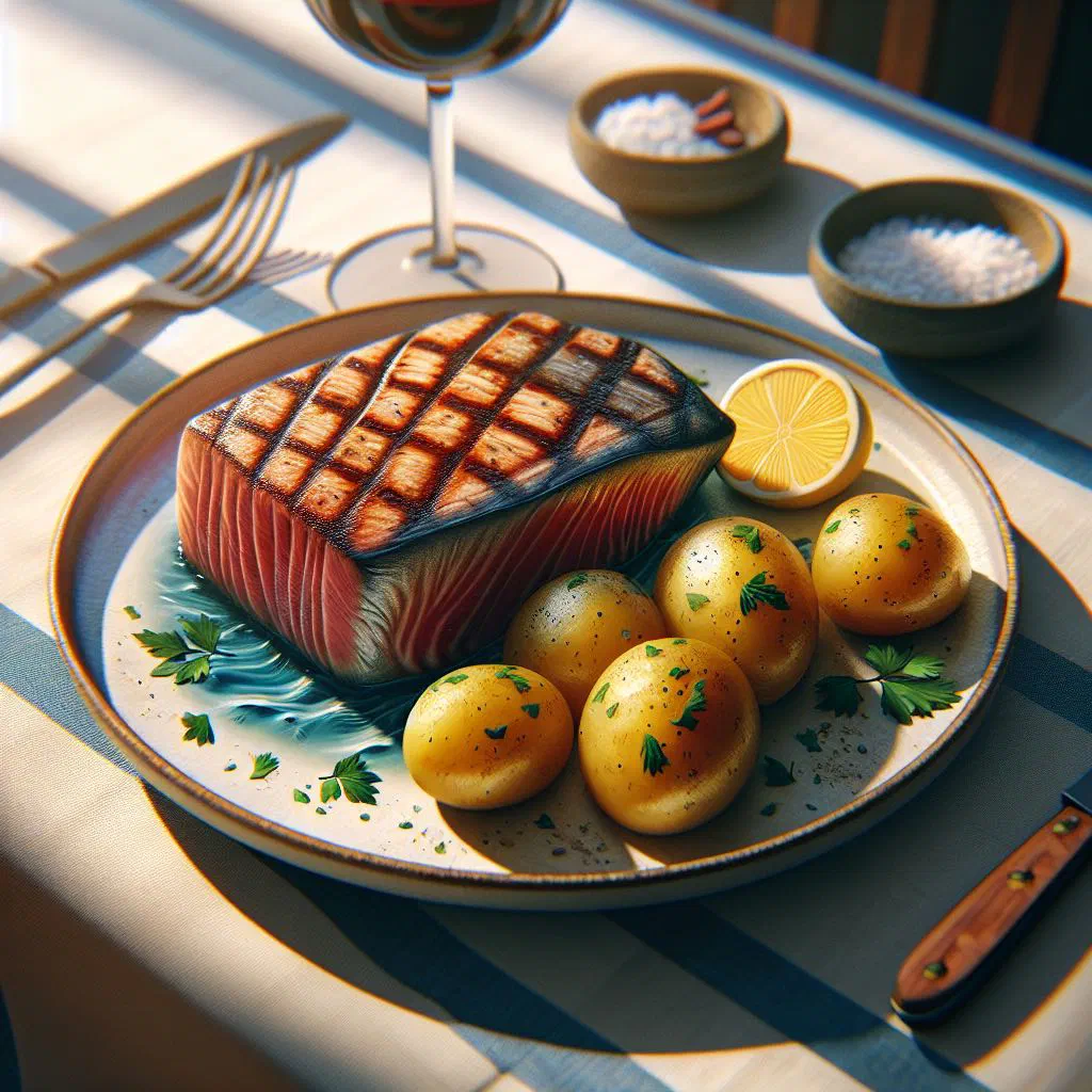 Grilled tuna steak served with crispy potatoes and mixed vegetables