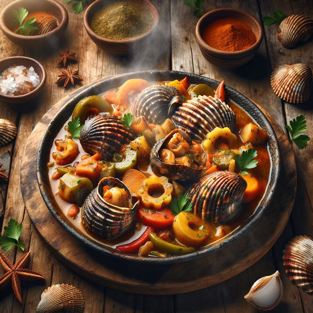 Cape Verdean buzio guisado squid stew with potatoes and peppers in a bowl