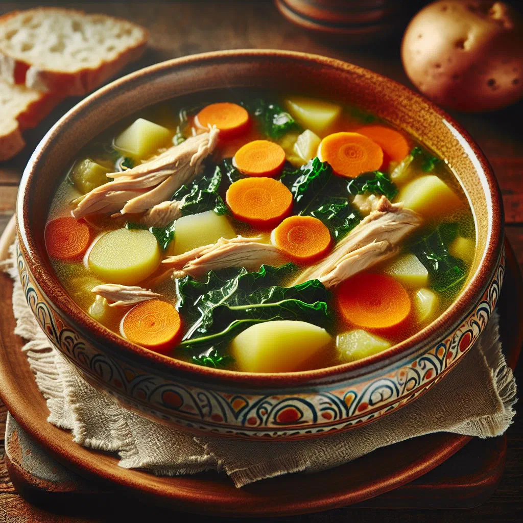 Bowl of Cape Verdean caldo de galinha chicken soup with vegetables and fresh parsley