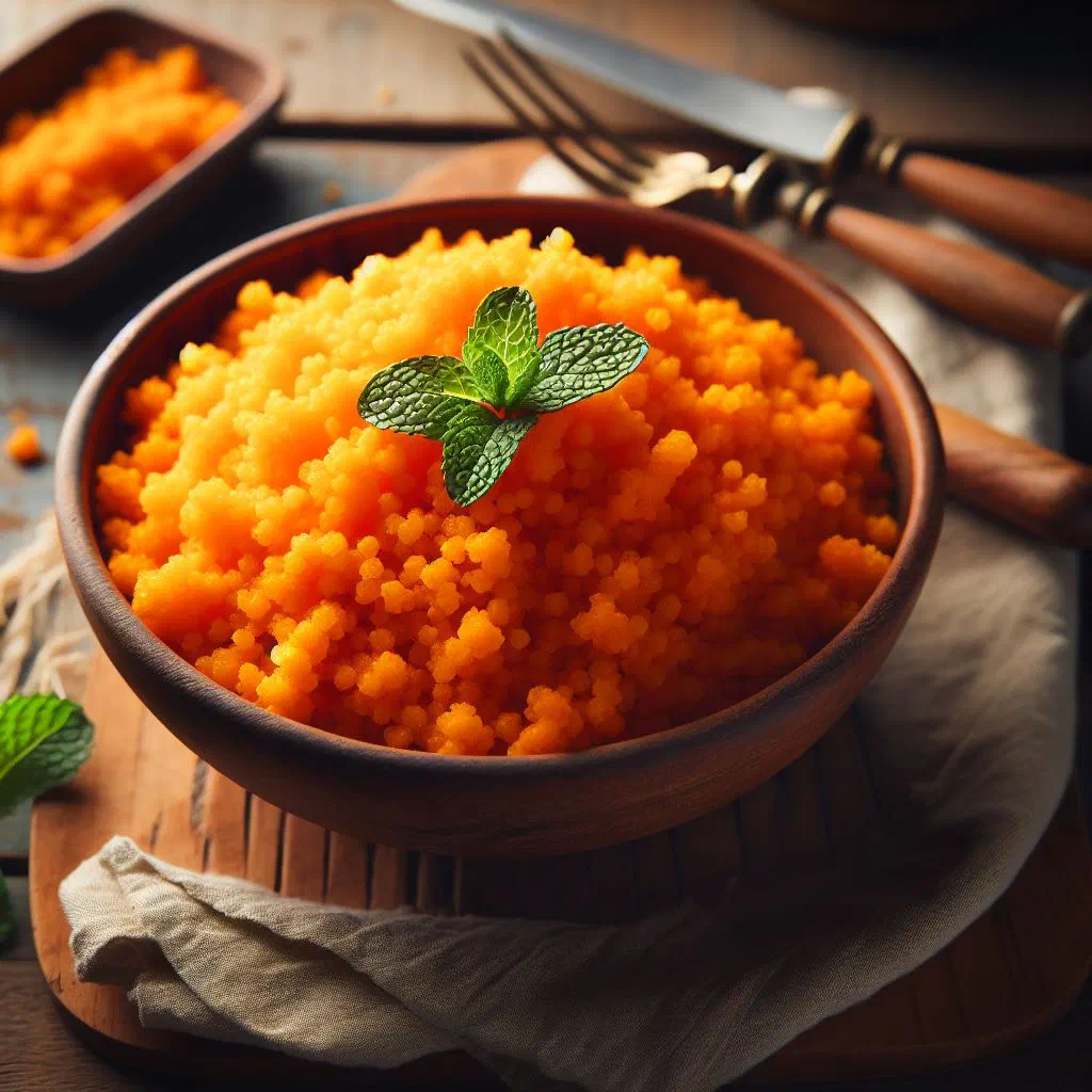 Bowl of mashed sweet potato cuscuz de batata doce garnished with fresh herbs
