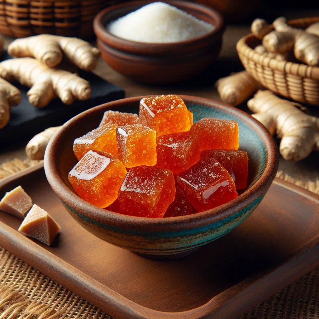 Pieces of Cape Verdean ginger sweet garnished with fresh mint