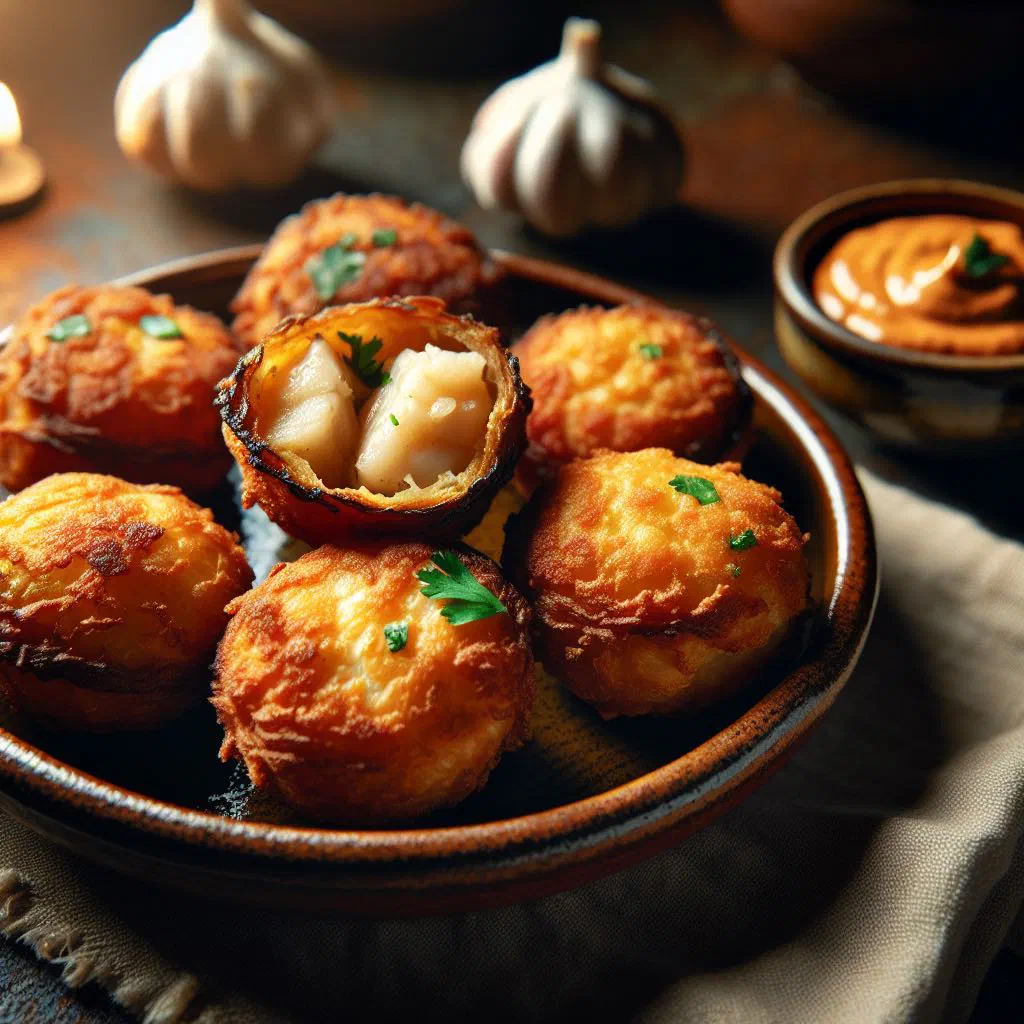 Golden fried Cape Verdean fish pastries on a plate with a lemon wedge