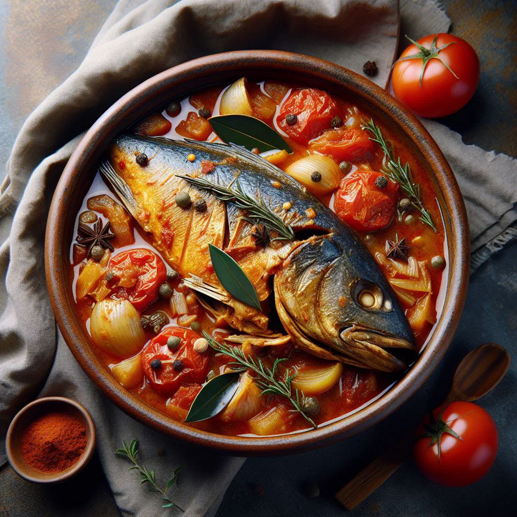 Stewed hake fillets in a rich tomato and pepper sauce, garnished with fresh herbs