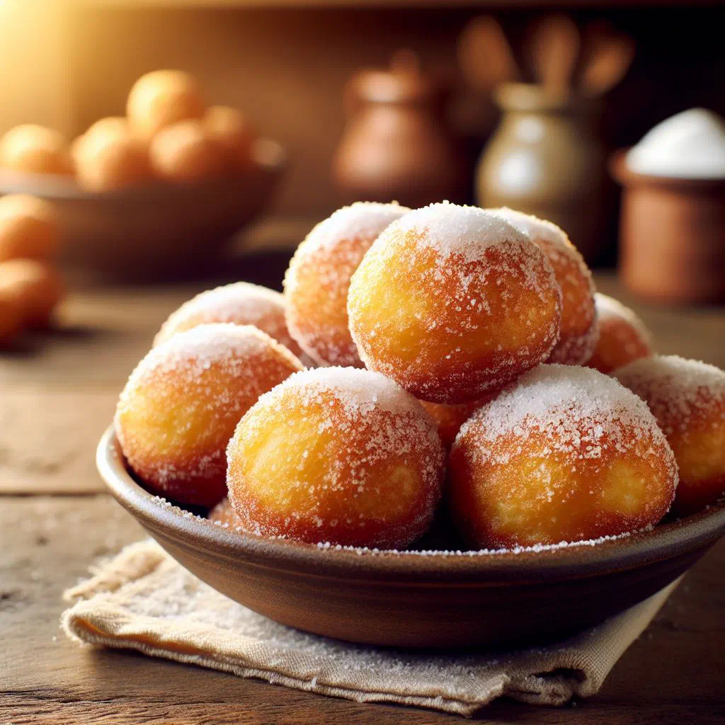 Golden fried cassava rings dusted and served warm on a plate