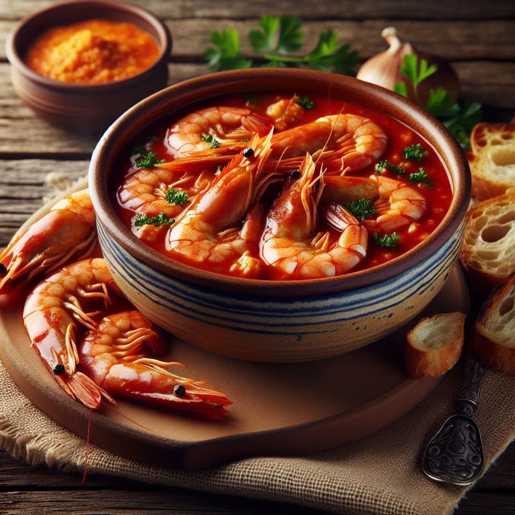 A steaming bowl of Cape Verdean prawn soup garnished with fresh herbs