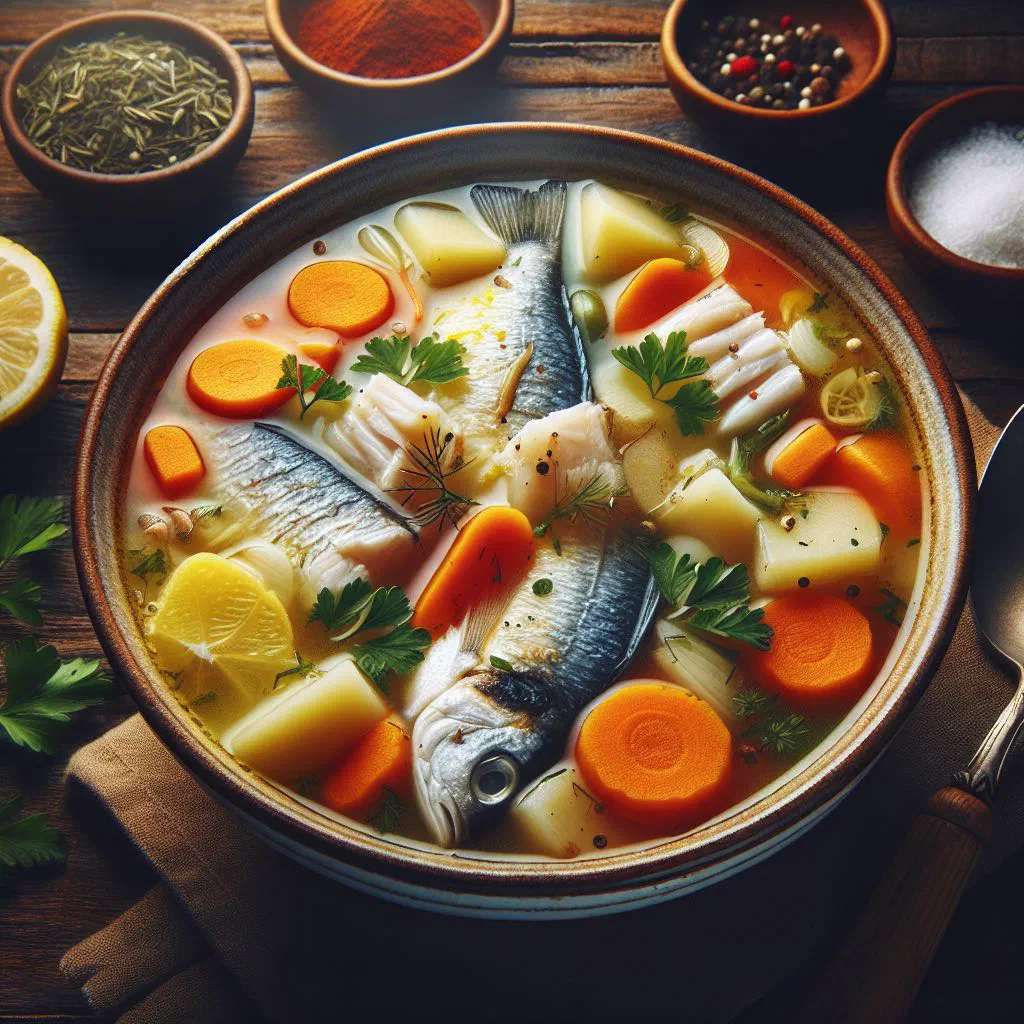 Bowl of Cape Verdean fish soup with vegetables and fresh herbs